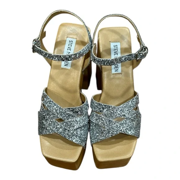 unique made in italy Steve Madden Glittery Silver and Tan Platform Heels. - Picture 3 of 5